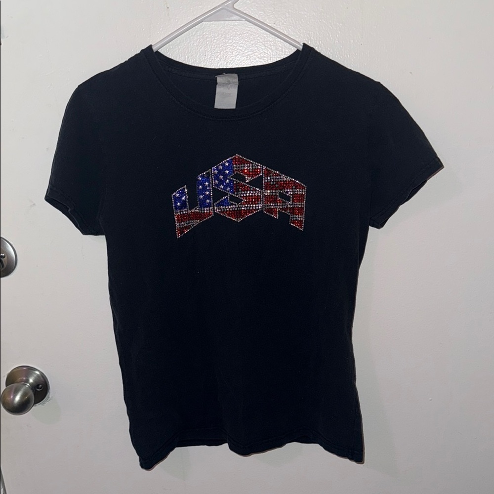 Black USA Graphic Rhinestoned Women's Top